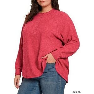 New Zenana Dark Red Melange Hacci 7 Button Henley Sweater Sizes 2X/3X